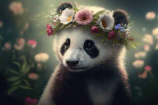  a panda bear with a flower crown on its head and flowers on its head, sitting in a field of flowers, looking at the camera.  generative ai