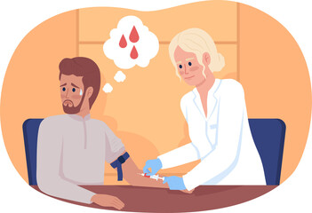 Fototapeta premium Scared patient at blood collection procedure 2D raster isolated illustration. Doctor and patient flat characters on cartoon background. Hospital colourful scene for mobile, website, presentation
