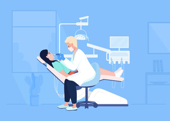 Scared woman in dentist chair during examination flat color raster illustration. Doctor checking scared patient teeth 2D simple cartoon characters with medical office interior on background
