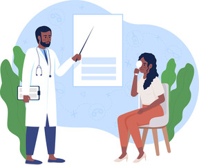 Eye examination 2D raster isolated illustration. Ophthalmologist and patient flat characters on cartoon background. Vision exam colourful scene for mobile, website, presentation