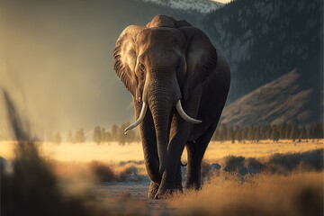  an elephant walking in a field with mountains in the background at sunset or dawn with a sunbeam in the foreground and a few clouds in the sky.  generative ai