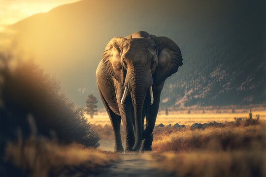  an elephant walking down a dirt road in a field with mountains in the background and a sunbeam in the foreground with a yellow sky.  generative ai