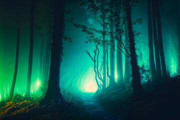 Colorful neon forest illuminated fog in a strange spooky forest with silhouettes of trees. Generative AI technology.