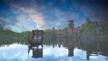 3D rendering of a Viking ship sailing along a river towards a medieval castle. (NOT AI).  - obrazy, fototapety, plakaty
