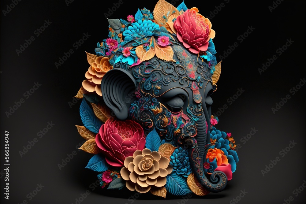 Wall mural  an elephant with flowers on its head is sitting in a dark room with a black background and a black background with a black background with a black background.  generative ai