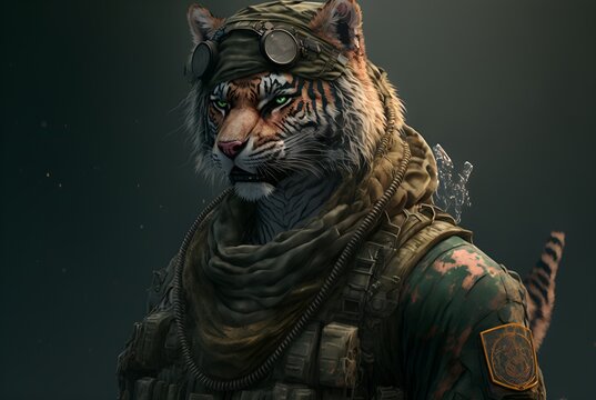 Portrait of a tiger in a tactical military vest, generative ai