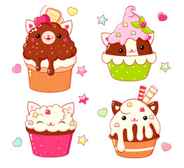 Set of cute sweet animal-shaped desserts in kawaii style. Cat-shaped cake, muffin and cupcake with whipped cream. Vector illustration EPS8
