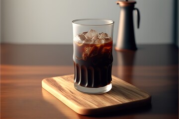  a glass of iced coffee on a wooden tray next to a carafe of iced coffee on a wooden tray with a carafe in the background.  generative ai