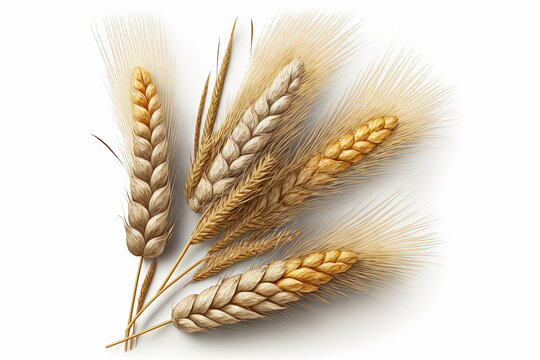  three stalks of wheat on a white background with clippings to the side of the image to the right of the image is a single stalk of wheat.  generative ai