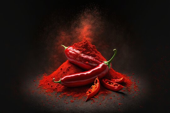 a pile of red powder next to a red chili pepper on a black background with a red substance in the middle of the image and a red chili pepper on the top of the pile.  generative ai