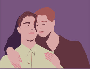 Couple Vector Illustration, Two People Hugging, Hug, Partnership and Trust, Solace, Consolation, Therapy, Togetherness, non binary
