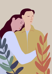 Romantic couple in love vector illustration, non binary person, partnership and trust, deep friendship, hug