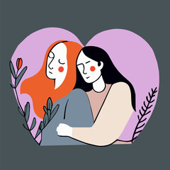 Romantic couple in love vector illustration, LGBT graphic, hugging women, lesbian couple, homosexuality, women power, deep friendship