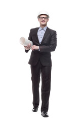 in full growth. young architect with drawings.