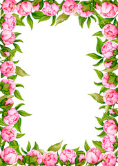 Rectangular frame of pink peonies. Watercolor banner for the design of greeting cards, invitations, congratulations, posters, announcements. Wedding, Valentine's Day, birthday, anniversary design.
