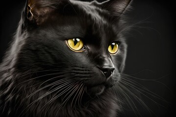  a close up of a black cat with yellow eyes on a black background with a black background and a black background with a black cat with yellow eyes.  generative ai