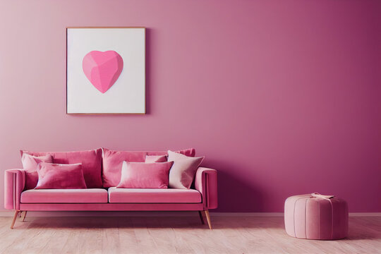 Valentine's Day Pink Modern Decor Interior with Photo Frame Mockup Made with Generative AI