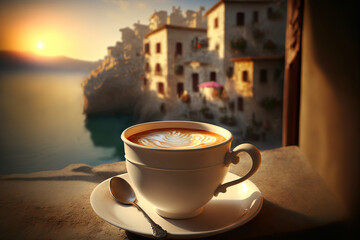 Сup of coffee on the window overlooking a beautiful romantic bay. Based on Generative AI