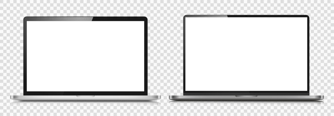 A set of realistic laptop layouts in a silver metal case. Two laptops with white screens on a transparent background. Vector illustration.