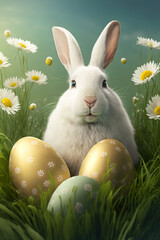 Easter poster with cute bunny in green flower field with eggs and bubbles. Happy Easter. Generative AI