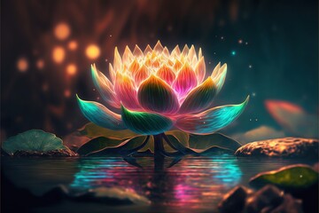  a painting of a lotus flower in a pond of water with rocks and rocks in the foreground and a glowing star in the background.  generative ai
