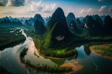 aerial view of mashan mountain and the li river in yangshuo county, Guilin Generative AI