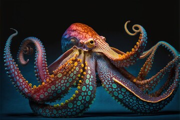  a colorful octopus sculpture sitting on top of a black tablecloth covered table top next to a black wall with a black background behind it.  generative ai