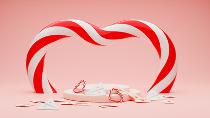 Creative scene with striped arch, candies, envelopes, paper planes and podium for product presentation on pink background. 3d render illustration. Concept for holiday, Valentine's day. Copy space.