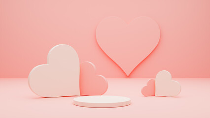 Minimal style scene with hearts and podium for product presentation. Love concept for happy Valentine's day, wedding, Women's or Mother's day. 3d render illustration. Pink background. Empty space. 