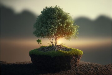  a small tree with a lot of roots growing out of it's trunk in the middle of a dirt area with a sunset in the background.  generative ai