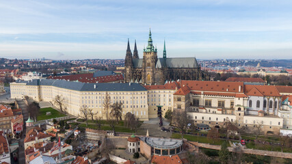 Obraz premium Aerial view of River and buildings in Old Town of Prague, Czech Republic. Drone photo high angle view of City