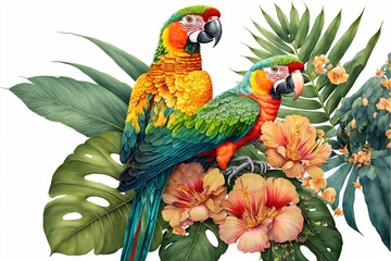  a colorful parrot sitting on a branch of a tree surrounded by tropical leaves and flowers on a white background with a white background behind it.  generative ai