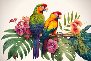  two colorful birds perched on a branch with tropical flowers and leaves around them on a white background with a white back ground and a white back ground.  generative ai
