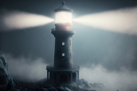  a lighthouse with a light on top of it surrounded by fog and fog in a dark sky with a light shining on top of it.  generative ai
