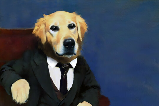 golden retriever dog man businessman coach in suit isolated on solid background in style of an old classic realistic painting - new quality creative financial business educational stock image design