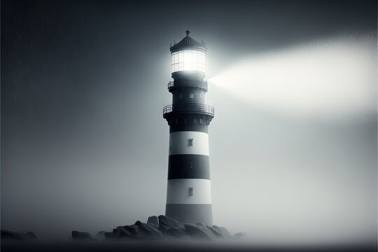  a black and white photo of a light house on a foggy day with a light shining on the top of the light house and the lighthouse.  generative ai