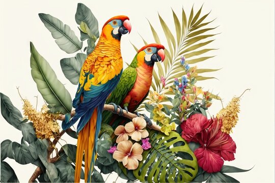  two parrots sitting on a branch surrounded by tropical plants and flowers and flowers on a white background with a white border around the image.  generative ai