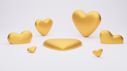 Obraz premium Minimal style scene with gold hearts and heart shaped podium for product presentation on white. Love concept for happy Valentine's day, wedding, Women's or Mother's day. 3d render illustration.