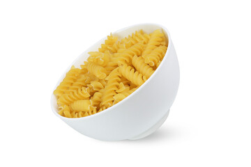 Pasta in white bowls on an isolated white background. 