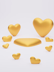 Minimal style scene with gold hearts and heart shaped podium for product presentation on white. Love concept for happy Valentine's day, wedding, Women's or Mother's day. 3d render illustration.