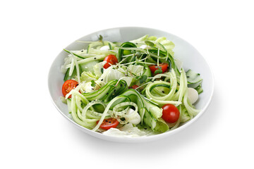 Healthy green fresh salad with sliced cucumber, tomatoes, mozzarella cheese, diet dinner concept. Cucumber salad isolated on white background.