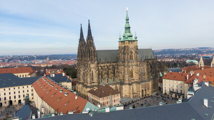 Obraz premium Aerial view of River and buildings in Old Town of Prague, Czech Republic. Drone photo high angle view of City