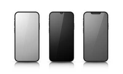 A set of three smartphones on a white background. Realistic 3D models of mobile phones with shadows and highlights. Vector illustration.