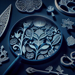 An ethereal and detailed icon of a magnifying glass, lit in blue and white, surrounded by knolling paper cut illustrations