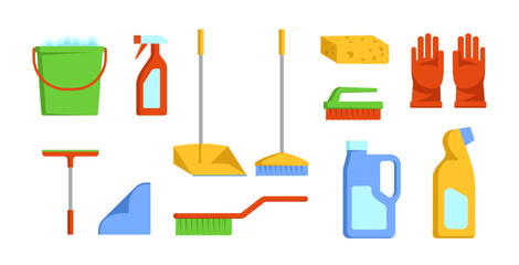 Set of cleaning products and accessories. Household cleaning products, gloves, brush, rag, sponge, dustpan. Vector illustration in a flat style.