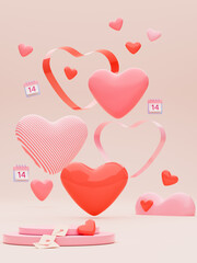 Colorful hearts of different sizes hovering on beige background. Style scene. Podium for product, envelopes, calendar. 3d render illustration. Concept for happy Valentine's day.