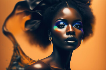 Generative AI abstract multicolored painting of beautiful African woman with bright make up look at camera on yellow background. Beauty and fashion concept