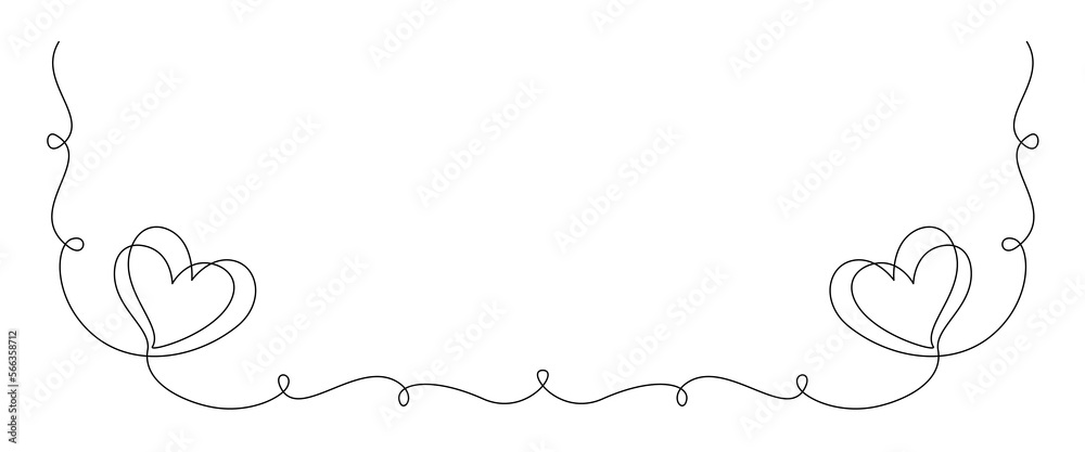 Poster one continuous line drawing of couple hearts and love symbol. thin curl border and romantic symbol i