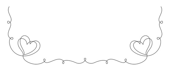 Obraz premium One continuous line drawing of couple hearts and love symbol. Thin curl border and romantic symbol in simple linear style. Editable stroke. Minimalistic hand drawn vector illustration