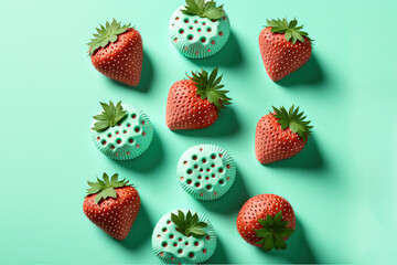  a group of strawberries sitting on top of a green surface next to each other on a blue surface with a green border around them.  generative ai